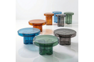 Studio shot showing the full Napier Retro Glass collection, featuring the Coffee and Side Tables in Amber, Smoke Grey, Azure Blue, and Green.