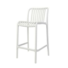An angled front view of the crisp white Bordeaux Bar Stool, highlighting its comfortable 65cm seat height and contemporary, weather-resistant polypropylene design.