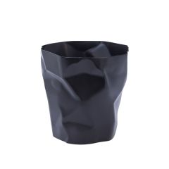 A straight-on front view of the bold black Replica Bin Bin, showcasing its highly clever design moulded to perfectly resemble a piece of crumpled paper.