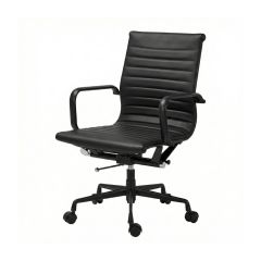 Angled front view of the black Replica Charles Eames Office Chair, highlighting the seat profile and the single-position tilt lock mechanism beneath the seat.