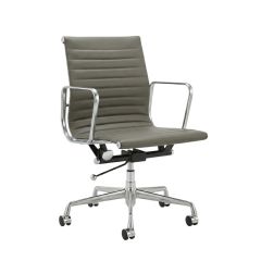 Angled front view of the low back Replica Charles Eames Office Chair, highlighting its sophisticated Oxford Grey leather upholstery and sleek cast aluminium frame.