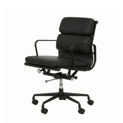 Angled front view of the low back Replica Charles Eames Soft Pad Office Chair, highlighting its plush black leather cushions and striking black powder-coated aluminium frame.