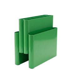 A side-angled view of the Replica Giotto Stoppino Magazine Rack in a vivid green, showcasing its iconic tiered storage slots and smooth retro silhouette.