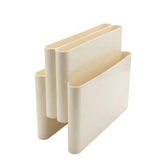 Side angle view of the empty Replica Giotto Stoppino Magazine Rack in ivory, highlighting the stepped pocket design and off-white finish.
