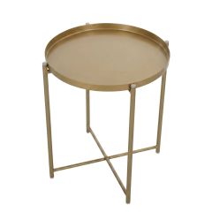 An angled perspective of the gold Replica Habibi Metal Side Table, showcasing the clean lines of the tubular steel frame and the striking metallic finish.
