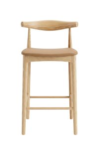 A straight-on front view of the 65cm Replica Hans Wegner Elbow Stool, perfectly showcasing the natural American ash timber frame and the soft latte vegan leather seat.