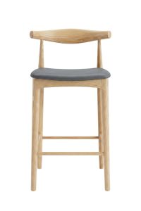 A straight-on front view of the 65cm Replica Hans Wegner Elbow Stool, perfectly showcasing the natural American ash timber frame and the cool slate grey vegan leather seat.