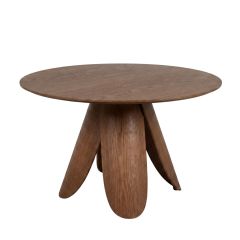 An angled front view of the 120cm Replica Peyote Dining Table, showcasing its rich walnut finish, smooth round top, and distinctive organic pedestal feet forming the base.
