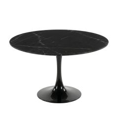 A straight-on view of the 120cm Replica Tulip Table, showcasing the striking deep black hues of the Spanish Nero Marquina marble top resting on a sturdy black pedestal base.