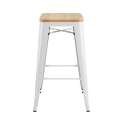A straight-on front view of the 75cm Replica Xavier Pauchard Stool, showcasing its sturdy white pressed metal frame, structural footrest, and warm solid ash timber seat.
