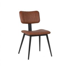 Angled front view of the Retro Victoria Vintage Brown Dining Chair, highlighting the rich texture of the tan vegan leather against the contemporary lines of the black steel frame.