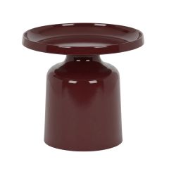 A straight-on front view of the Sigge Side Table in a rich gloss burgundy finish, showcasing its smooth pedestal base and pressed metal top with a practical lipped edge.
