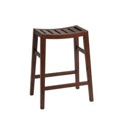 Angled view of the Tribecca Solid Timber Kitchen Stool in a red-brown walnut finish, highlighting the curved, slatted seat design.