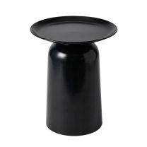 An angled front perspective of the Alto Metal Round Side Table in a matte black finish, highlighting the highly practical tray-top design and the sturdy, continuous metal base.