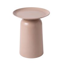 An angled front perspective of the matte coffee-brown Alto Metal Round Side Table, highlighting the continuous single-mould effect, massive cylindrical base, and highly practical tray-top design.