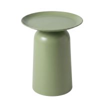 An angled front perspective of the Alto Metal Round Side Table in a highly contemporary soft green finish, highlighting the highly practical tray-top design and the sturdy, continuous cylindrical metal base.