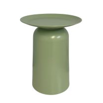 A front-on view of the Alto Metal Round Side Table in a smooth, soft green finish.
