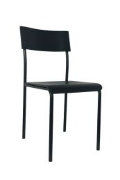 An angled view of the Lunar Retro Café Chair, highlighting the curved backrest, waterfall seat edge, and matte-black steel frame.