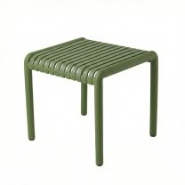 Angled front view of the olive green Bordeaux Outdoor Side Table, highlighting its sturdy lock-in legs and sleek square profile.
