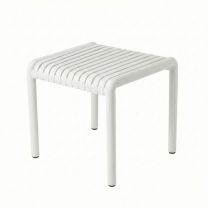 Angled front view of the white Bordeaux Outdoor Side Table, highlighting its sturdy lock-in legs and sleek square profile.