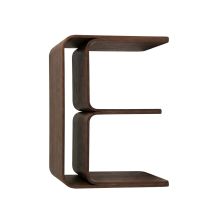 A straight front view of the tall Camphor End Side Table in a dark walnut finish, showcasing its vertical steam-bent silhouette, flowing corners, and functional internal shelving.