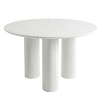 A back view of the modern Doric Dining Table 120 cm Round, clearly showing the spacing of the three 15cm diameter fluted pillar legs supporting the top.