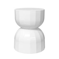 Angled view looking down at the white Geometric Roly Side Table, showing the circular top and smooth curved edges.