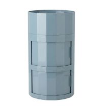 A straight-on front view of the 68cm Misty Blue Hex Modular Cabinet, showcasing its striking vertical ribbed profile with all sliding doors closed and the top tray lid securely in place.