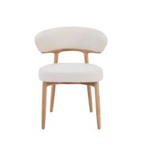 Front view of the Jemma Dining Chair featuring a solid natural ash timber frame and a thick 8cm white boucle seat cushion.
