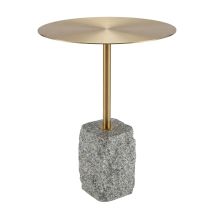 Front view of the Kelvin Faceted Granite Side Table, showing the rough-hewn geometric stone base and the contrasting sleek brushed gold metal top.