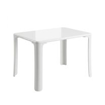 An angled view of the white Kids Ghost Table, showcasing its bright, high-gloss top and the playful curved shape of its sturdy polypropylene legs.