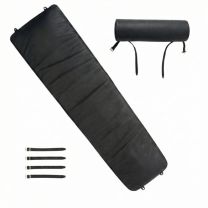 A flat lay showing all components of the LC4 Replacement Set, including the long Black Italian leather cushion, matching head roll, and four leather attachment straps.