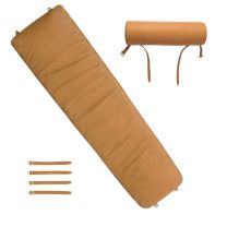 A flat lay showing all components of the LC4 Replacement Set, including the long Cognac Italian leather cushion, matching head roll, and four leather attachment straps.