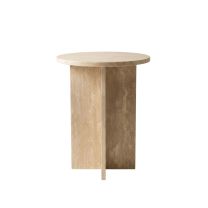 Front view of the Mason Travertine Side Table, featuring a solid round top and architectural cross base in soft beige stone.