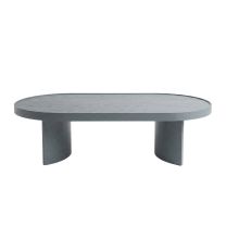 Front view of the Maxim Coffee Table in grey, showcasing its low profile, stadium silhouette, and curved plywood legs.