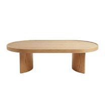 Front view of the Maxim Coffee Table in natural ash, showcasing its low profile, stadium silhouette, and curved plywood legs.