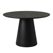 A front-angled view of the 120cm Moon Round Dining Table in black, showcasing its smooth circular top and striking, grounded cylindrical pedestal base.