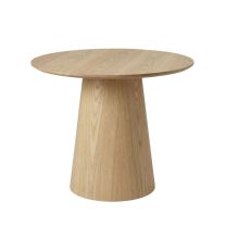 An angled front view of the 90cm Moon Round Dining Table, showcasing its bright natural oak finish, timber veneer top, and striking tapered pedestal base.