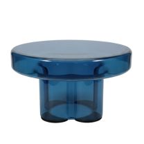 A straight-on front view of the Napier Retro Glass Coffee Table in azure blue, highlighting the vibrant blue tone and thick moulded glass construction.