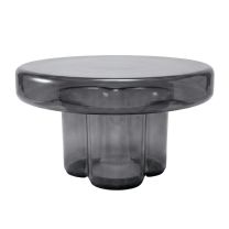A straight-on front view of the Napier Retro Glass Coffee Table in smoke grey, highlighting its thick moulded glass construction and unique base.