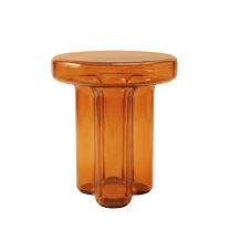 An angled view of the Napier Retro Glass Side Table in amber, showing the transparency of the glass and the unique curved profile of the base.