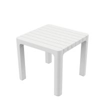 A top-down angled perspective of the white Ozone Outdoor Side Table, beautifully highlighting the highly practical slatted drainage channels across the square surface.
