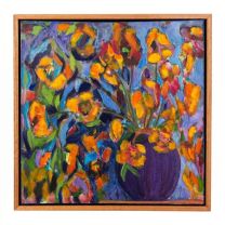 A full front-on view of "Pamela's Flowers," an original expressionistic floral painting by Bernie Rebbechi, showcasing vibrant warm blossoms in a purple vase against a swirling blue background.