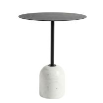 Front view of the Pravina Side Table featuring a solid White Carrara marble base and a sleek brushed matte black stainless steel top.