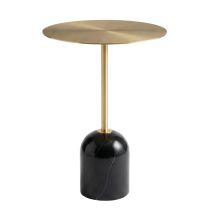 Front view of the Pravina Side Table featuring a solid black Nero Marquina marble base and a sleek brushed gold stainless steel top and stem.