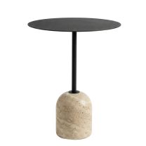 Front view of the Pravina Side Table featuring a solid beige Travertine base and a sleek brushed matte black stainless steel top.
