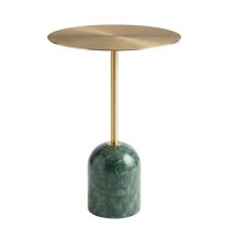 Front view of the Pravina Side Table featuring a solid green marble cylindrical base and a sleek brushed gold stainless steel top and stem.
