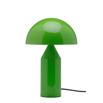 A straight-on front perspective of the high-gloss apple lime green Replica Atollo Bedside Lamp, highlighting the highly distinctive geometric illusion of the hemispherical metal dome balancing on the conical column.