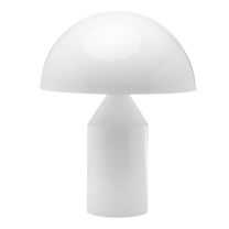 A straight-on front perspective of the large 50cm high-gloss white Replica Atollo Table Lamp, highlighting the distinct geometric illusion of the 38cm hemispherical metal dome balancing on the conical column.