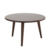 A straight-on front view of the dark walnut Replica CH008 Coffee Table, highlighting the highly stable three-leg base and the classic tapered cigar-shaped legs.